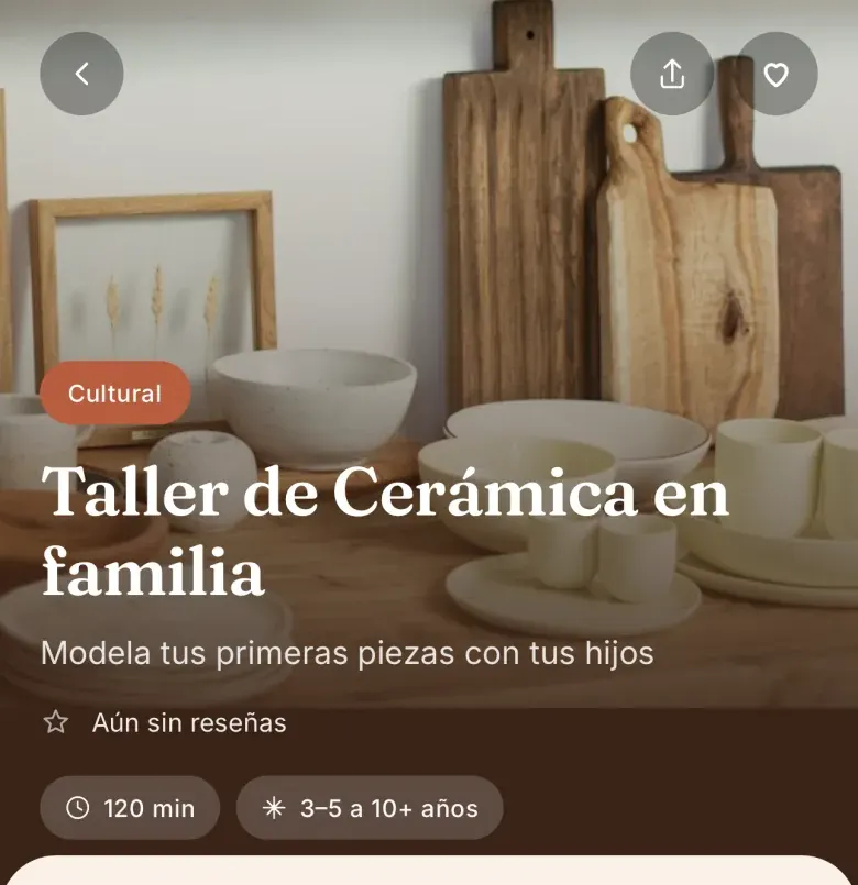 Ficha de un taller de cerámica en Oli: foto de piezas de barro, “Aún sin reseñas”, 120 minutos y edades