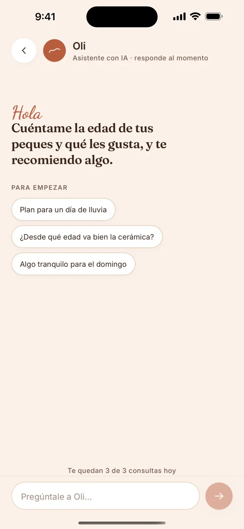 Pantalla de Oli, la asistente, con tres preguntas sugeridas y el aviso “Te quedan 3 de 3 consultas hoy”