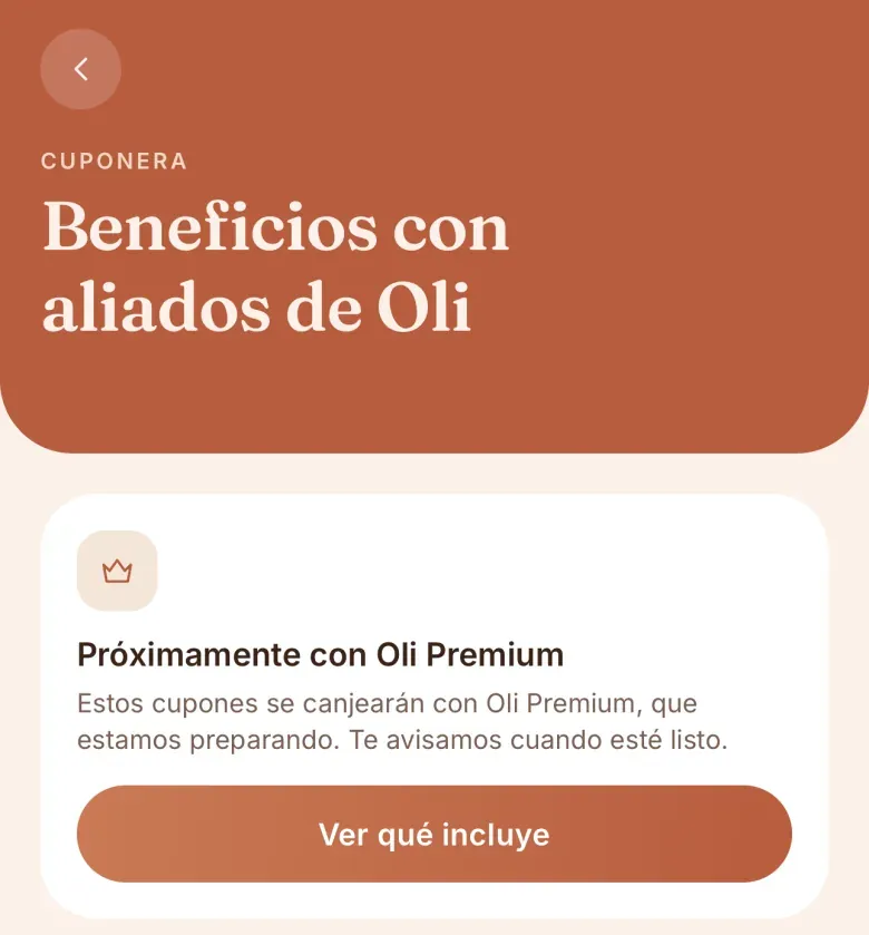 Cuponera de Oli con el aviso “Próximamente con Oli Premium”