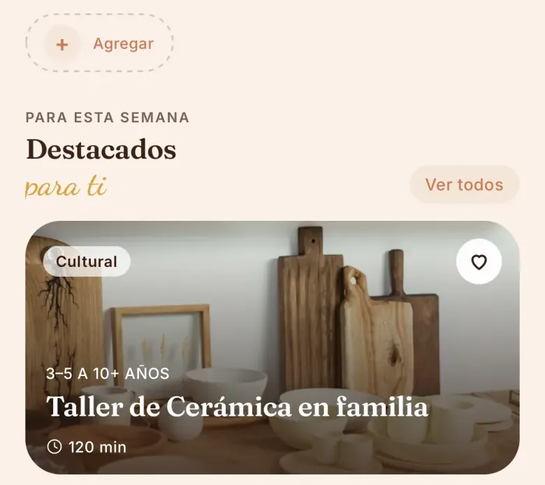 Inicio de Oli con la sección Destacados para ti y un taller de cerámica en familia