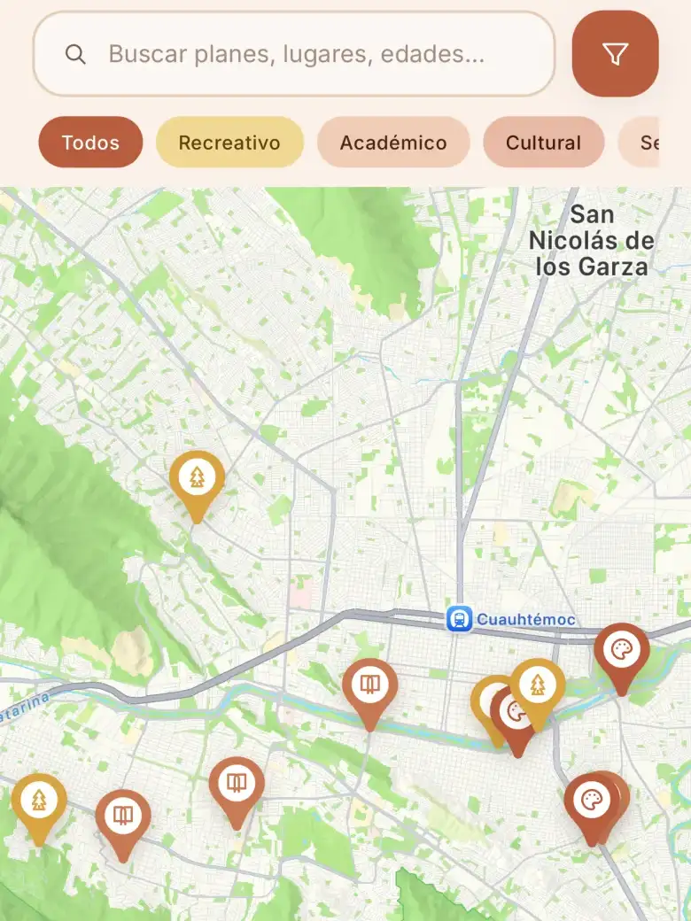 Mapa de Monterrey en Oli con pines por categoría y filtros Recreativo, Académico y Cultural