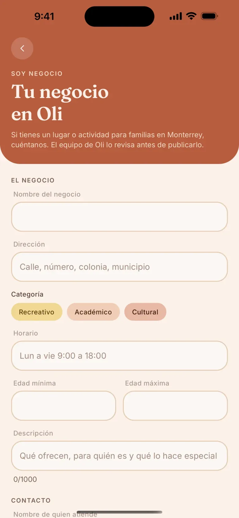 Formulario Soy negocio de Oli con campos para nombre, dirección y categoría