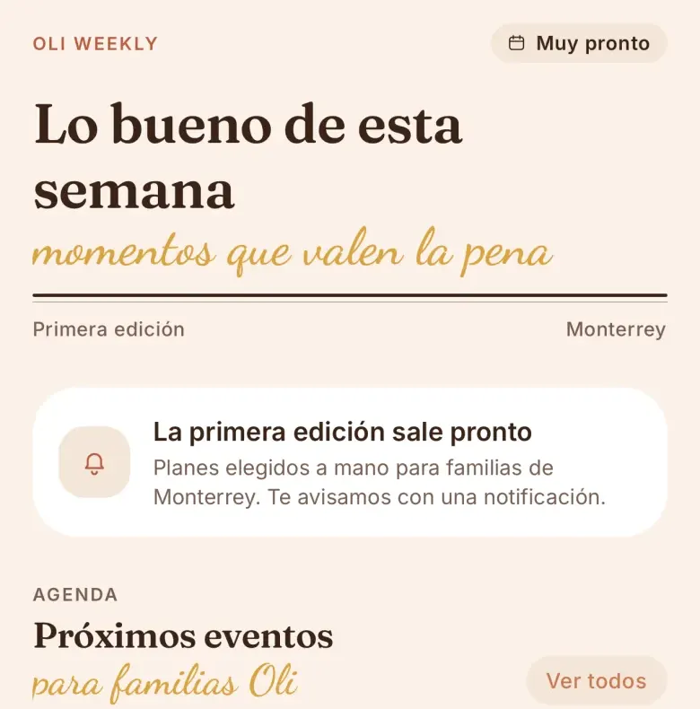 Pantalla de Oli Weekly con el aviso de que la primera edición sale pronto