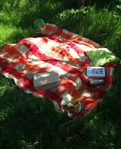 Manta de cuadros sobre el pasto con una pelota